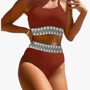 High Waisted 2 Piece Ribbed Bikini Crop Top High Cut Cheeky Bathing Suits M